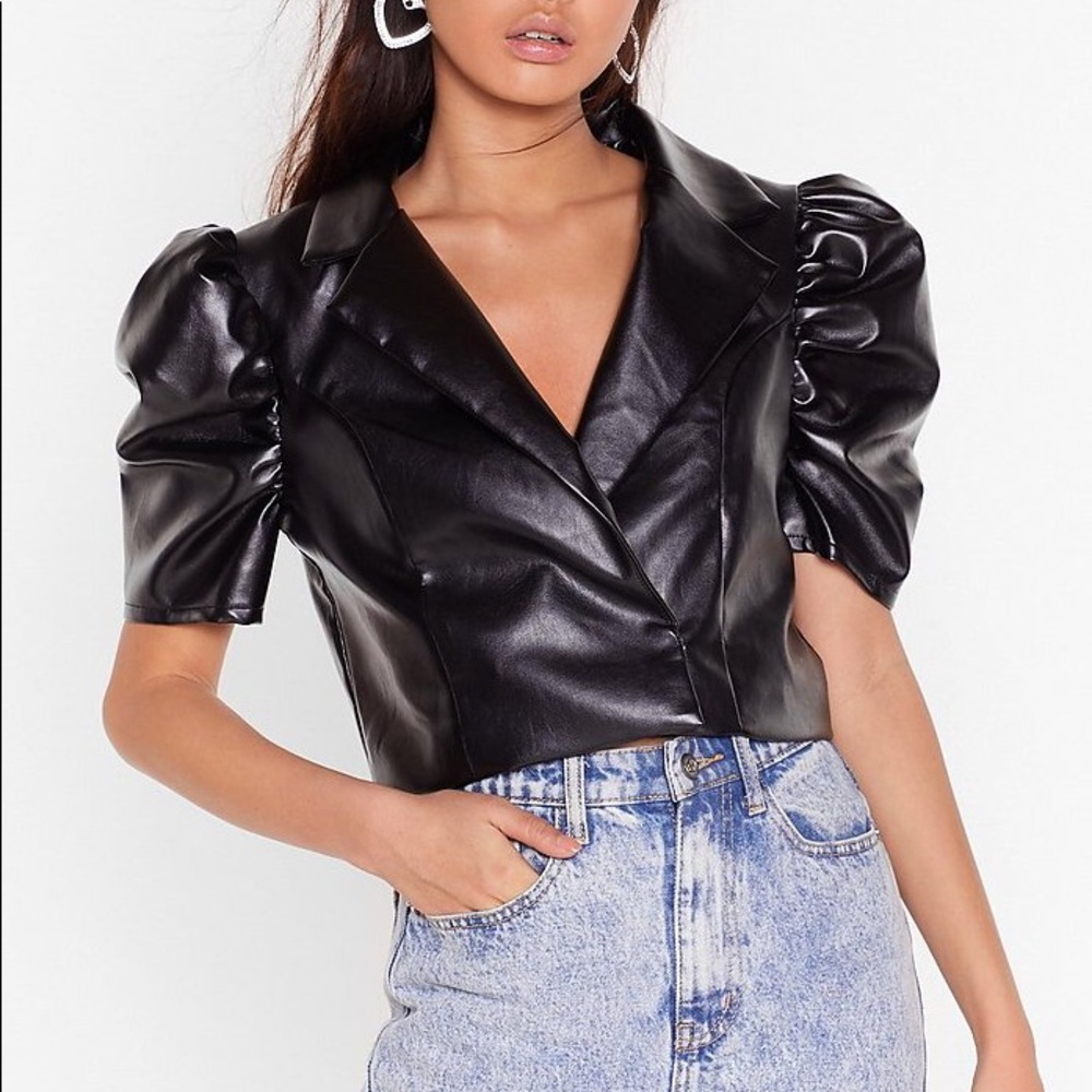 Nasty gal faux leather crop puff sleeve blazer